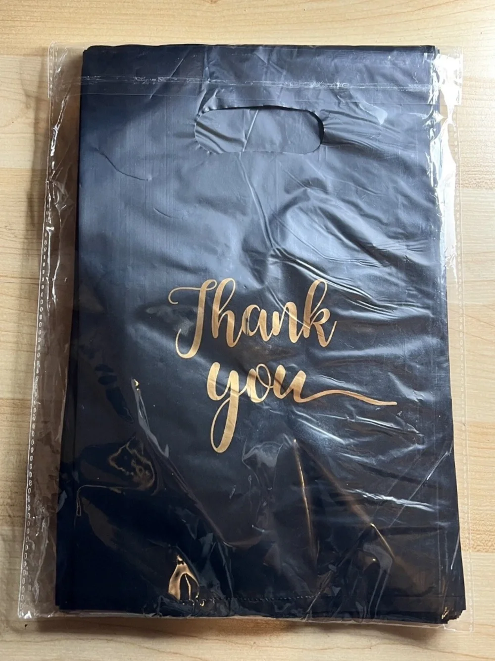 50 Pack Small Black Gold Plastic Thank You Gift Bags with Handle, (11x8 Black)